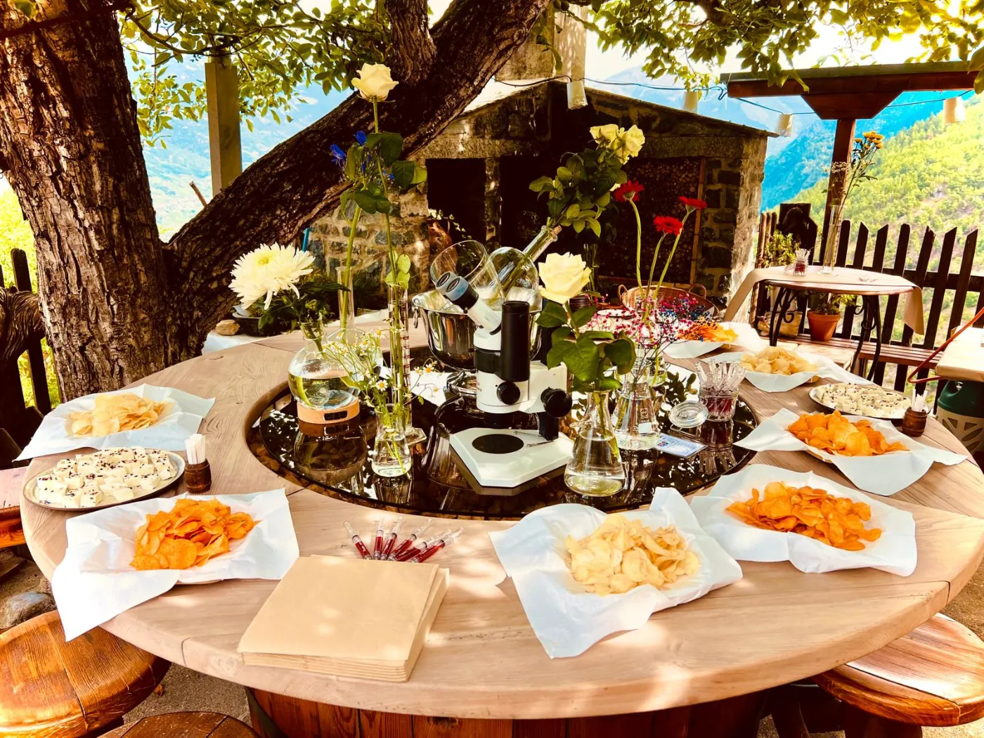 Large round table with an aperitif buffet on the terrace
